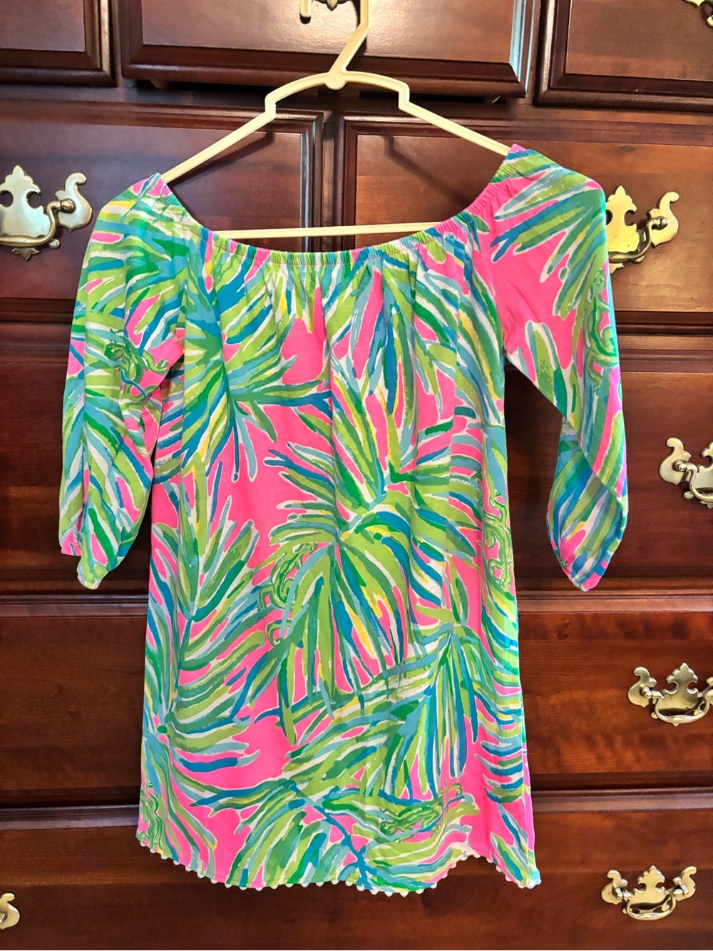 Lilly Pulitzer green pink tropical off shoulder dress Size 6-7